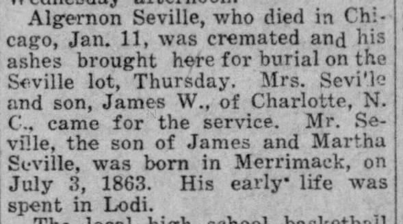 Death of Algernon Seville 11 Jan 1925 in Chicago.